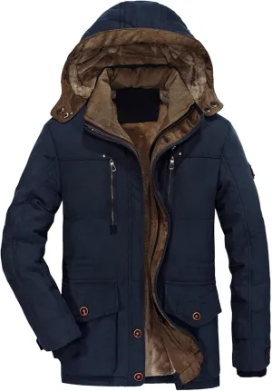 Men's Long Cotton Hooded Coat Winter Thicken Windproof Down Parka Cargo Multi-Pocket Hood Puffer Jacket