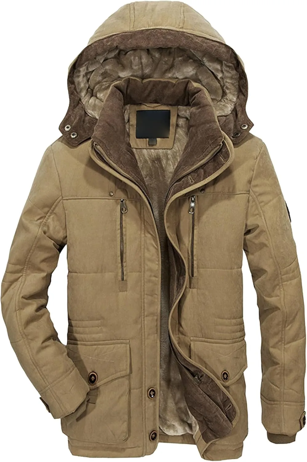 Men's Long Cotton Hooded Coat Winter Thicken Windproof Down Parka Cargo Multi-Pocket Hood Puffer Jacket