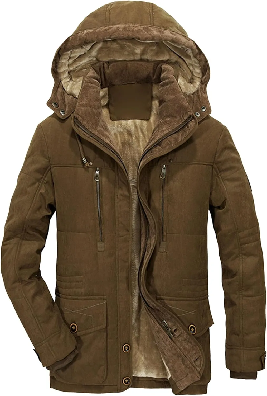 Men's Long Cotton Hooded Coat Winter Thicken Windproof Down Parka Cargo Multi-Pocket Hood Puffer Jacket