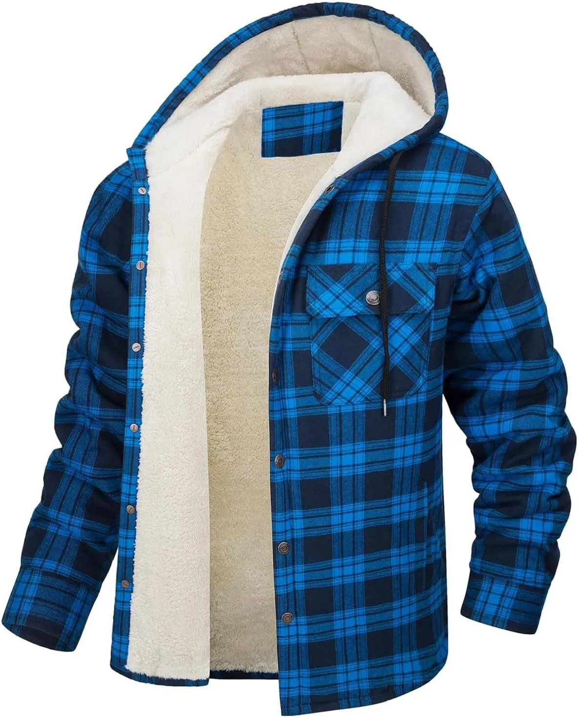 Men's Plaid Plus Velvet Jackets Fall Winter Fashion Hooded Coat Top Long Sleeve Button Thicker Warm Outerwear