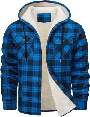 Men's Plaid Plus Velvet Jackets Fall Winter Fashion Hooded Coat Top Long Sleeve Button Thicker Warm Outerwear