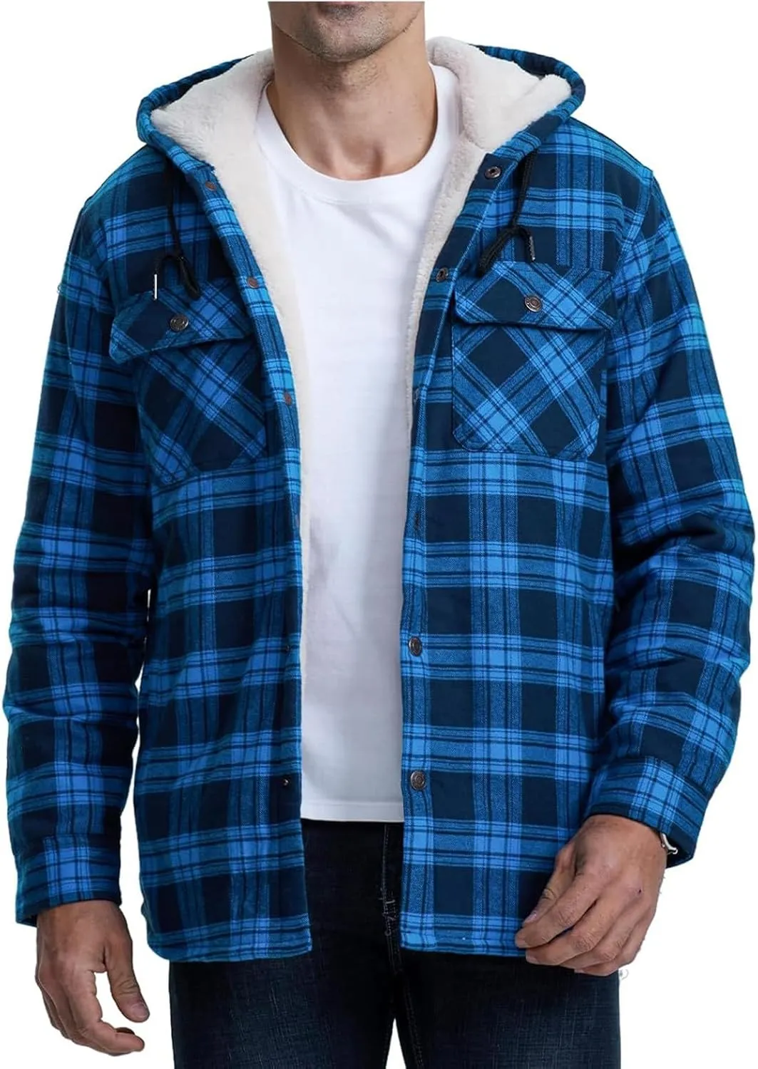 Men's Plaid Plus Velvet Jackets Fall Winter Fashion Hooded Coat Top Long Sleeve Button Thicker Warm Outerwear