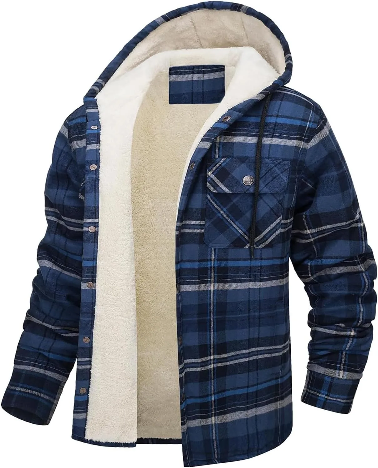 Men's Plaid Plus Velvet Jackets Fall Winter Fashion Hooded Coat Top Long Sleeve Button Thicker Warm Outerwear