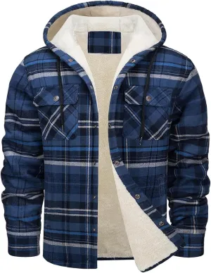 Men's Plaid Plus Velvet Jackets Fall Winter Fashion Hooded Coat Top Long Sleeve Button Thicker Warm Outerwear