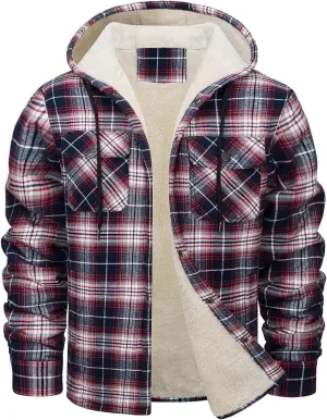 Men's Plaid Plus Velvet Jackets Fall Winter Fashion Hooded Coat Top Long Sleeve Button Thicker Warm Outerwear