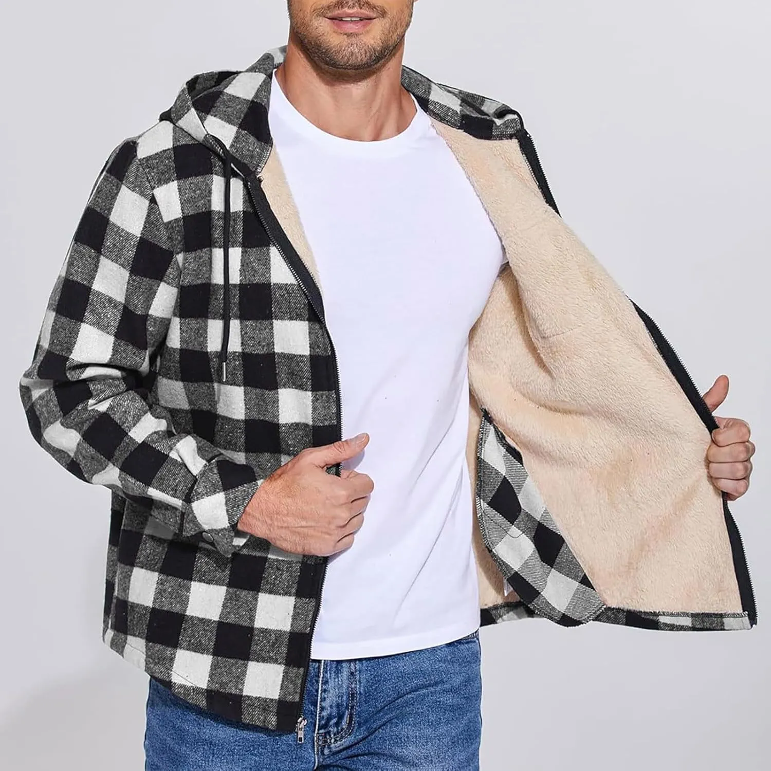 Mens Sherpa Hoodie Full-Zip Casual Thermal Hoodies Warm Thick Fleece Hooded