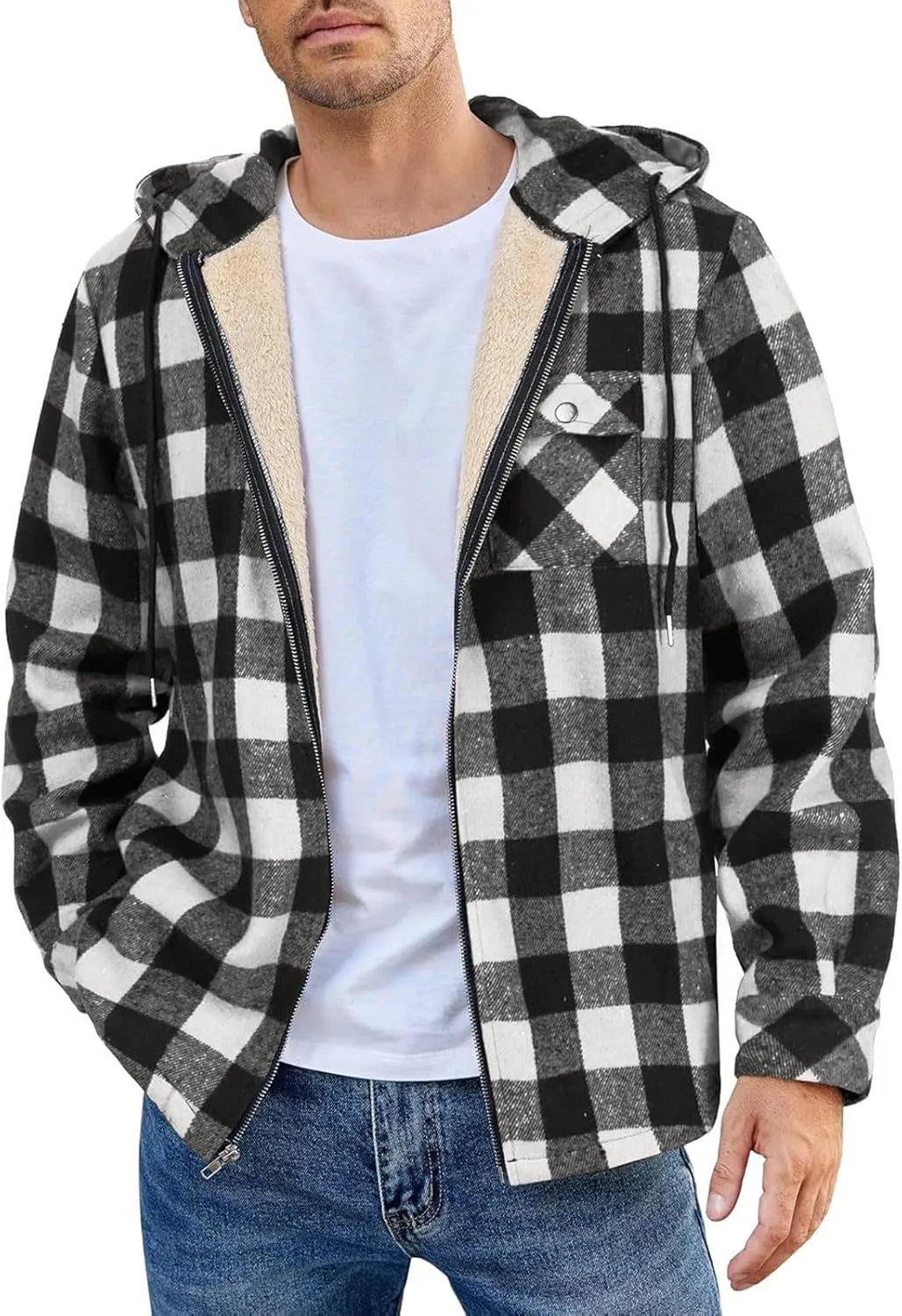 Mens Sherpa Hoodie Full-Zip Casual Thermal Hoodies Warm Thick Fleece Hooded