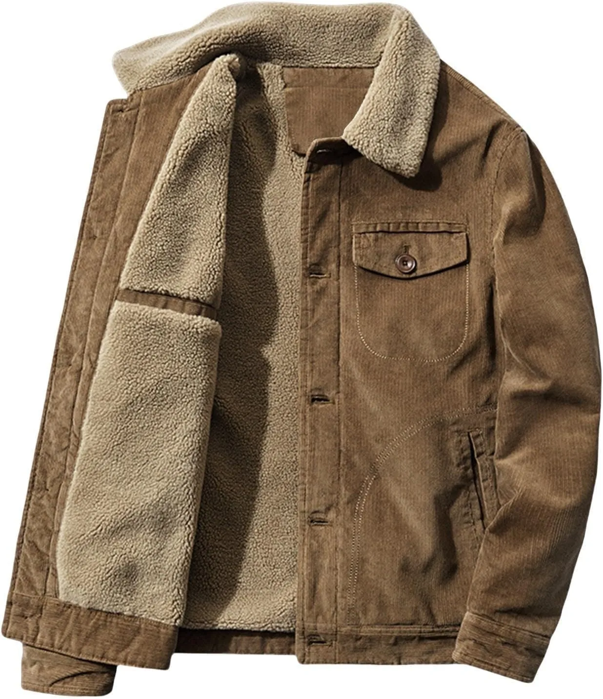 Men's Sherpa-Lined Corduroy Jacket Winter Casual Lapel Trucker Coat with Thermal Lining