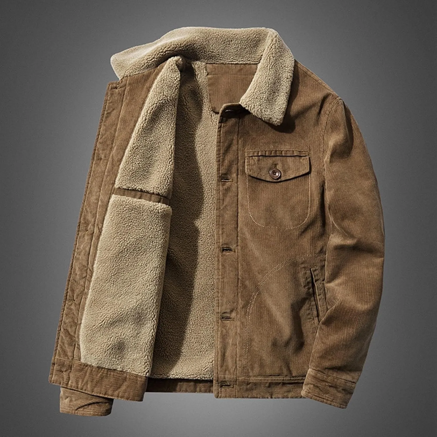 Men's Sherpa-Lined Corduroy Jacket Winter Casual Lapel Trucker Coat with Thermal Lining