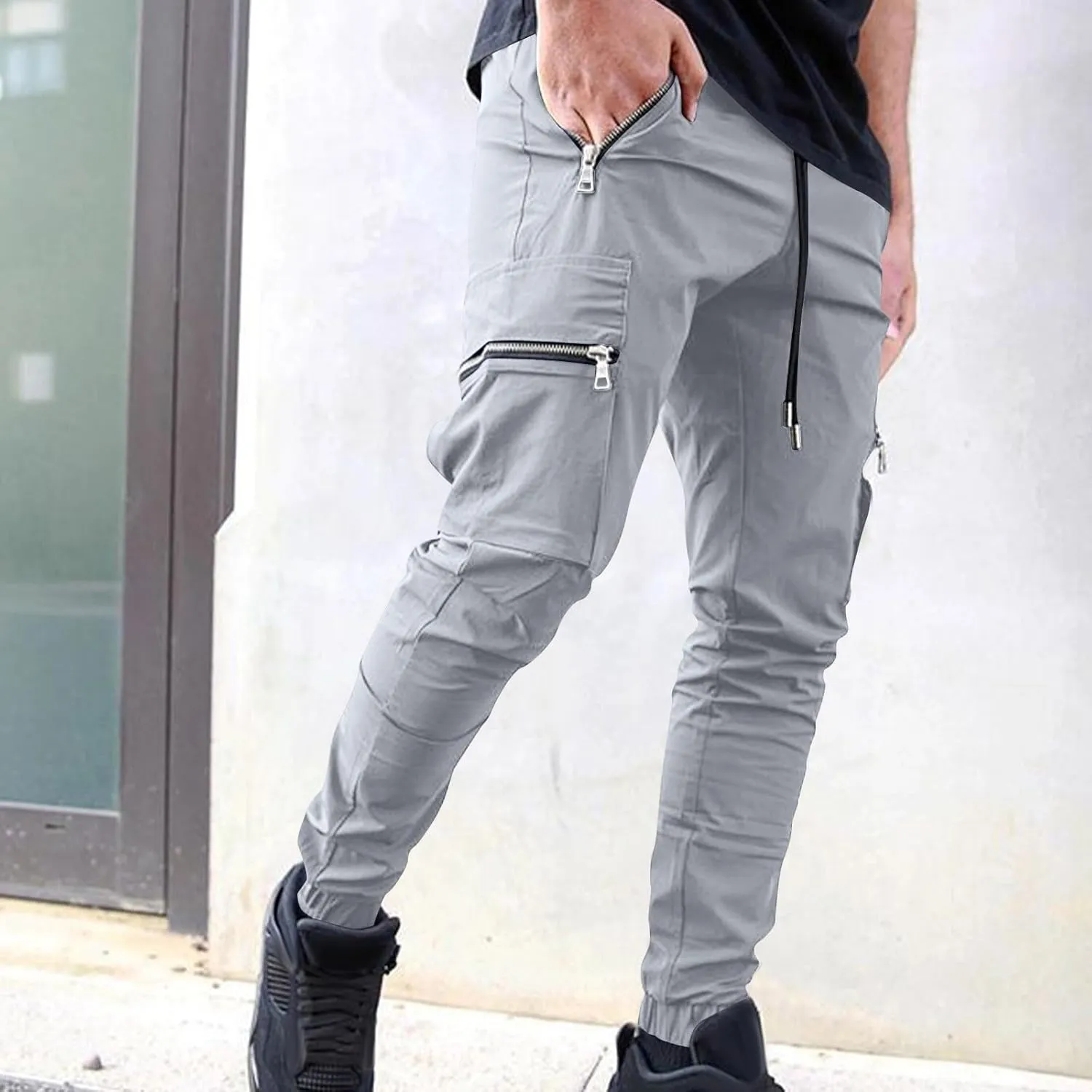Men's Skinny Cargo Joggers Casual Hiking Pants Workout Joggers Sweatpants for Men Slim Trousers with Zip Pockets