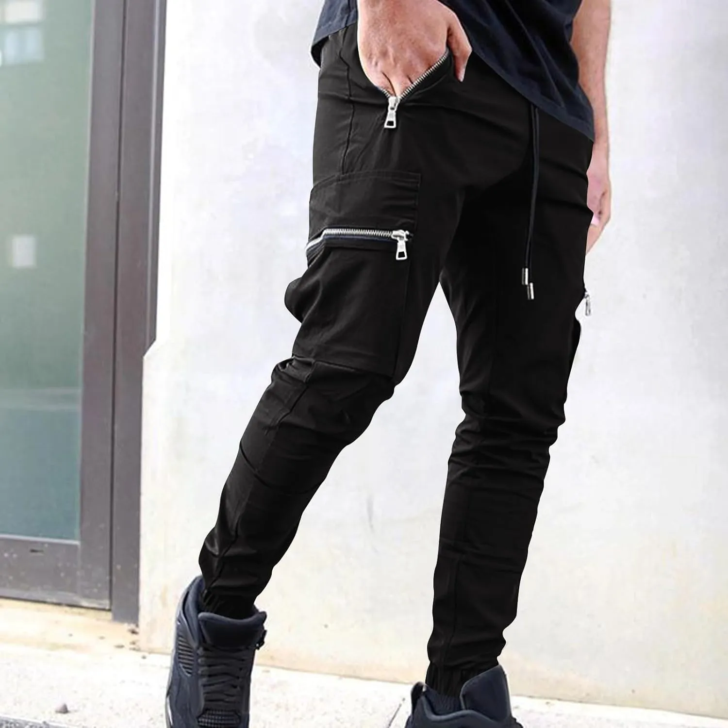 Men's Skinny Cargo Joggers Casual Hiking Pants Workout Joggers Sweatpants for Men Slim Trousers with Zip Pockets