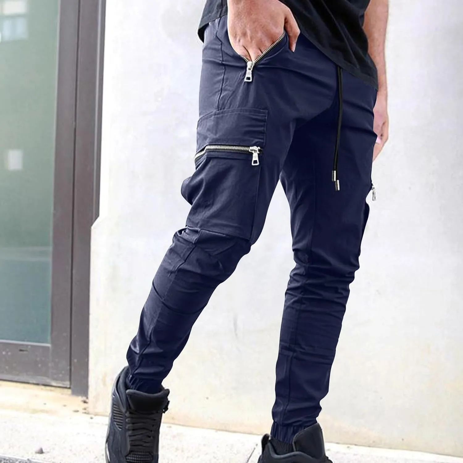 Men's Skinny Cargo Joggers Casual Hiking Pants Workout Joggers Sweatpants for Men Slim Trousers with Zip Pockets