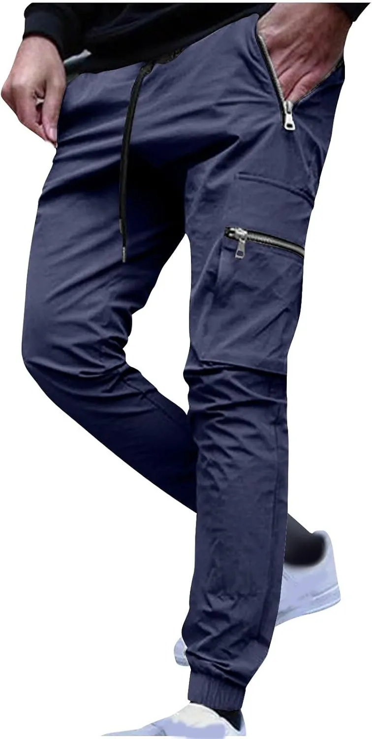 Men's Skinny Cargo Joggers Casual Hiking Pants Workout Joggers Sweatpants for Men Slim Trousers with Zip Pockets