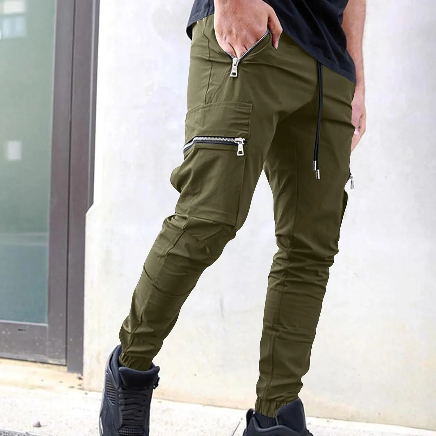 Men's Skinny Cargo Joggers Casual Hiking Pants Workout Joggers Sweatpants for Men Slim Trousers with Zip Pockets
