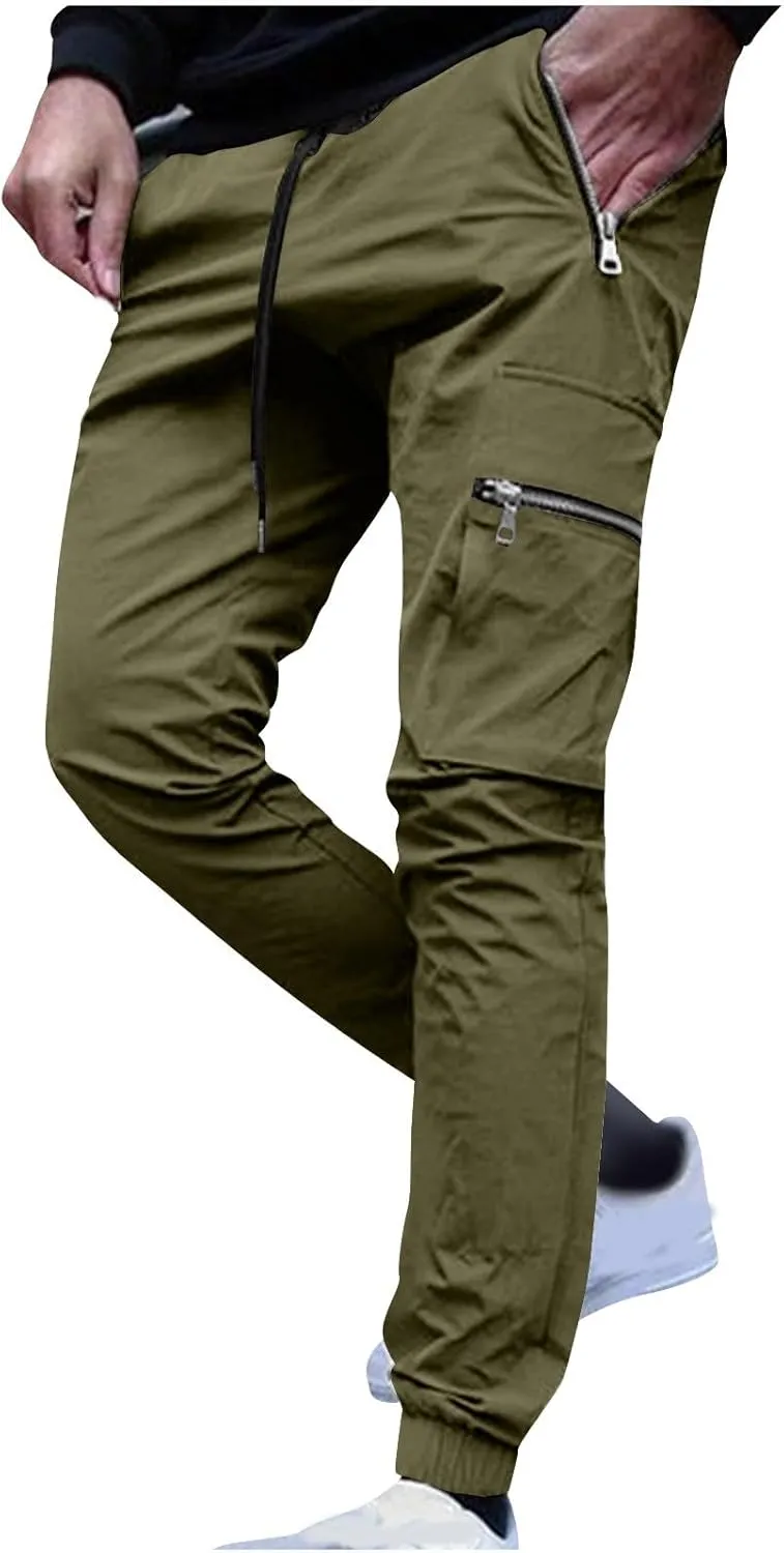 Men's Skinny Cargo Joggers Casual Hiking Pants Workout Joggers Sweatpants for Men Slim Trousers with Zip Pockets