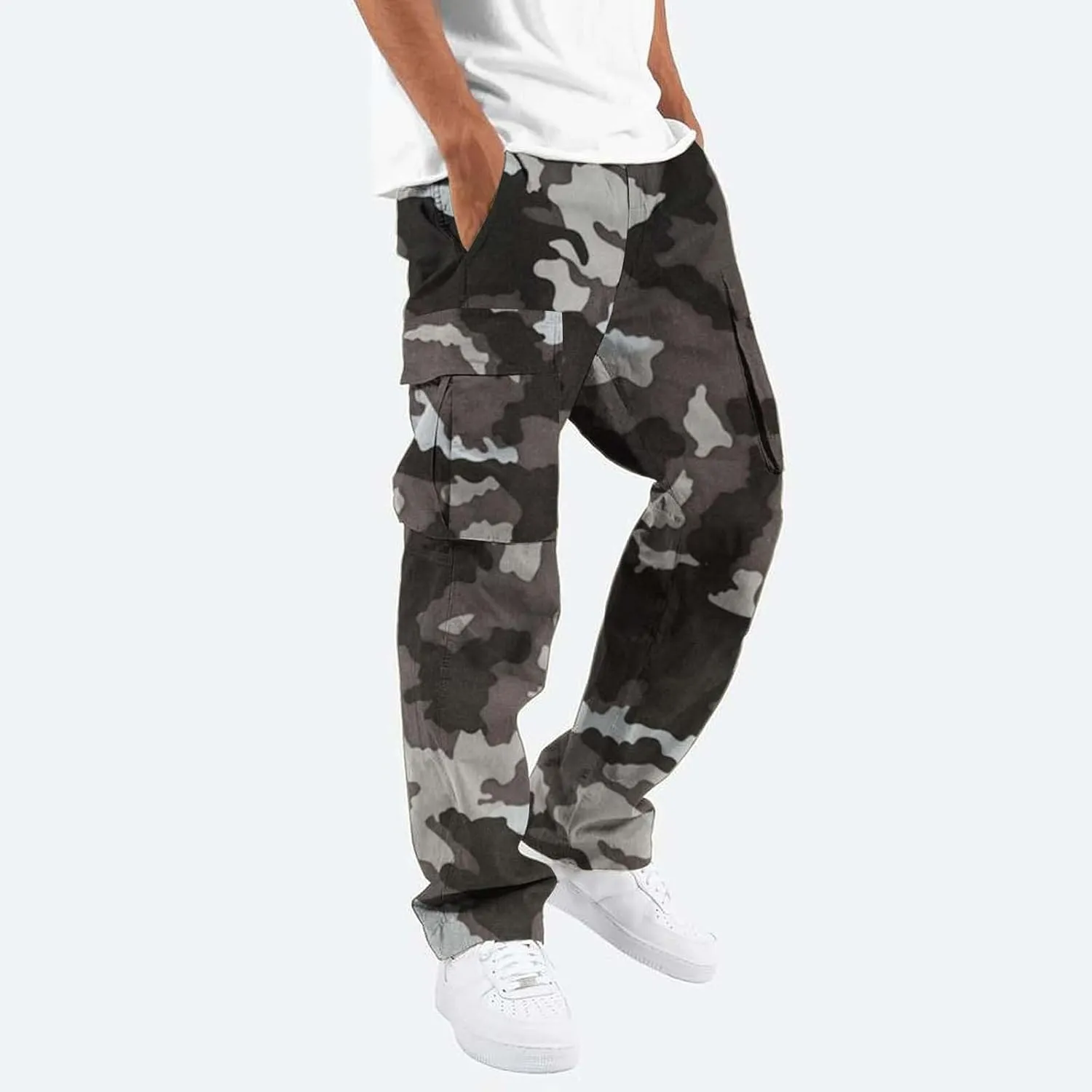 Mens Sweatpants Baggy Drawstring Wide Leg Cargo Pants Stretchy Workout Loose Joggers Trousers with Multiple Pockets