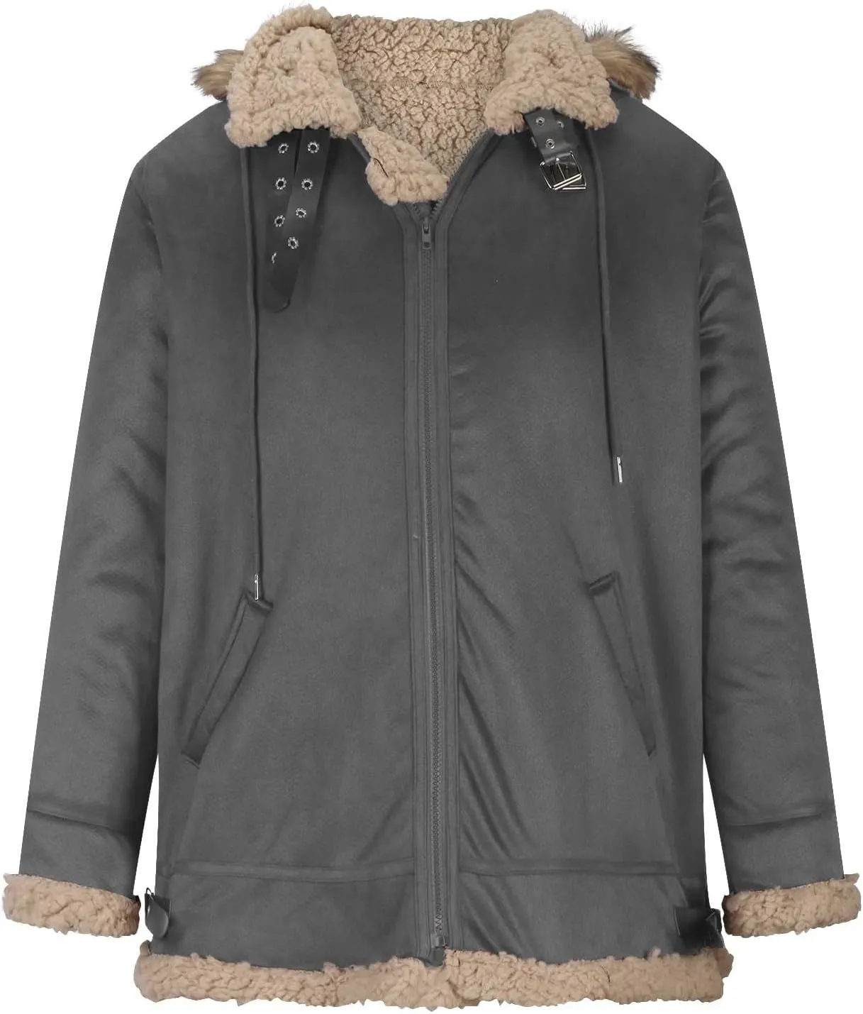 Mens Thickened Plush Warm Jackets Fashion Hood Sherpa Bomber Coat Heavyweight Fleece Lined Trench Coats with Pockets