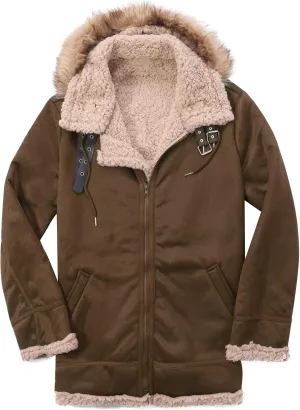 Mens Thickened Plush Warm Jackets Fashion Hood Sherpa Bomber Coat Heavyweight Fleece Lined Trench Coats with Pockets