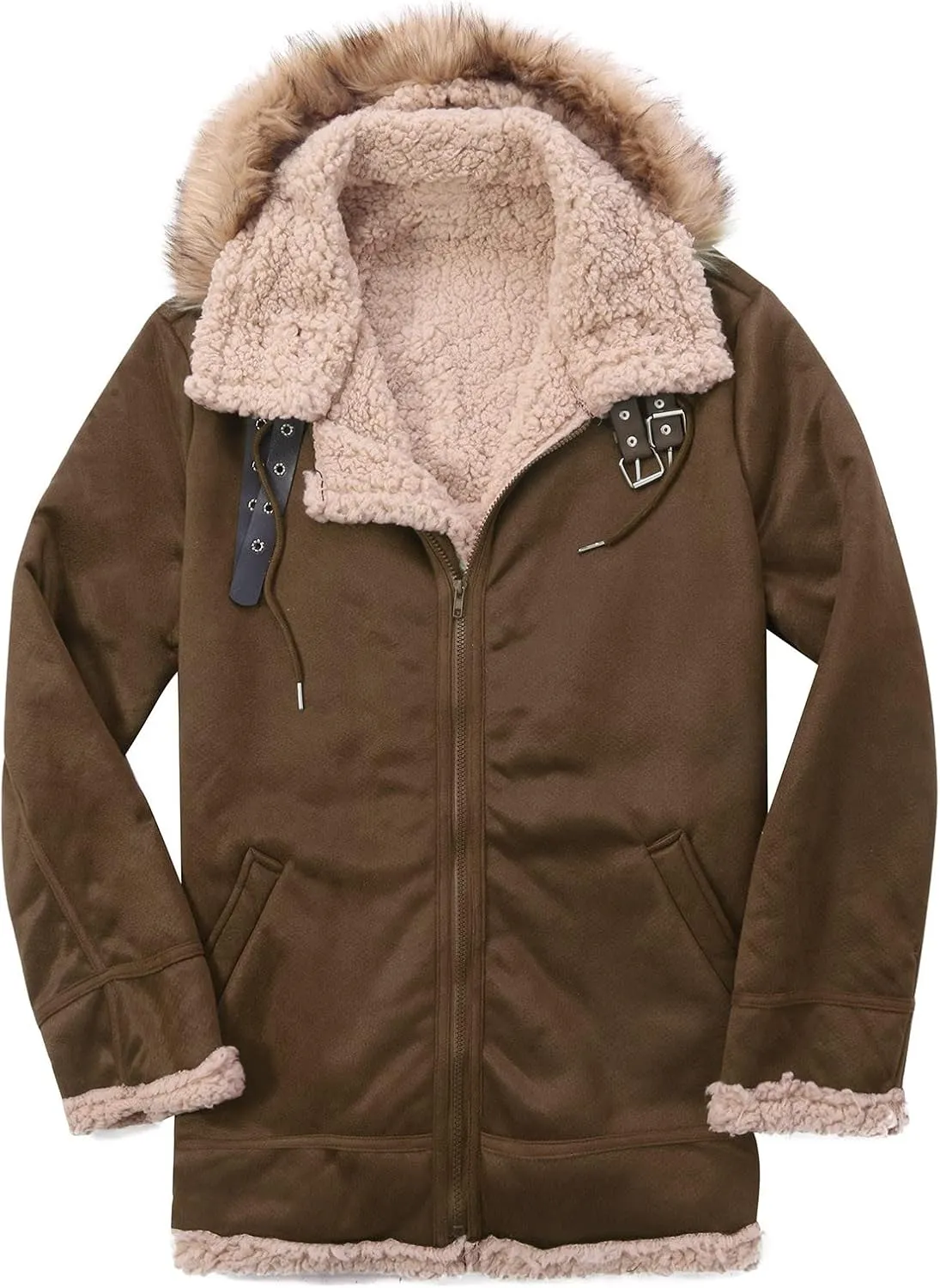 Mens Thickened Plush Warm Jackets Fashion Hood Sherpa Bomber Coat Heavyweight Fleece Lined Trench Coats with Pockets