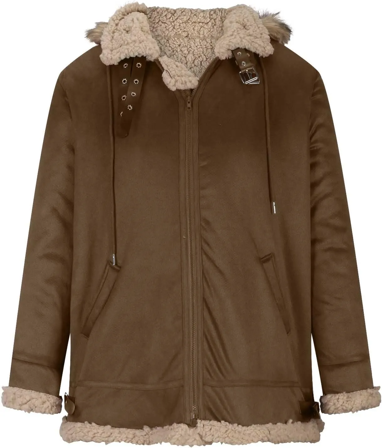 Mens Thickened Plush Warm Jackets Fashion Hood Sherpa Bomber Coat Heavyweight Fleece Lined Trench Coats with Pockets