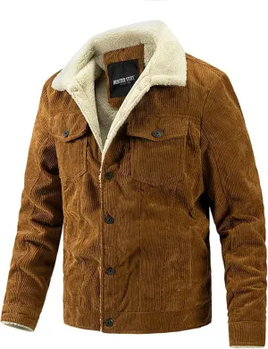 Men's Vintage Fleece Sherpa Lined Jacket Coat Corduroy Denim Trucker Jackets Lapel Button Down Thick Winter Coats