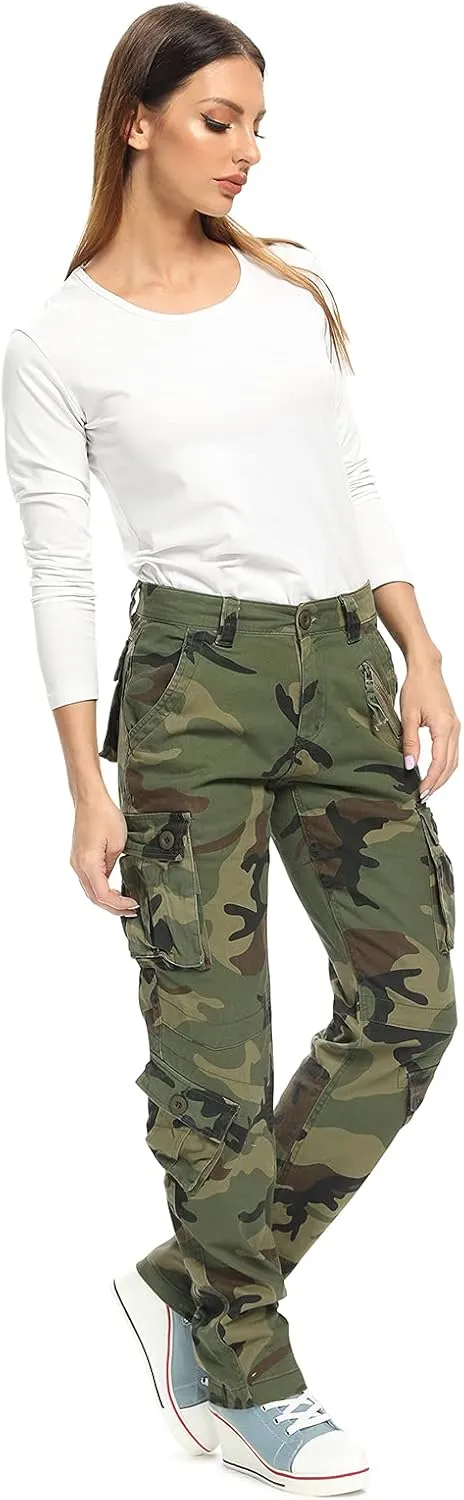 Mesinsefra Women's Cotton Casual Cargo Pants Military Army Tactical Combat Work Trousers with 8 Pockets
