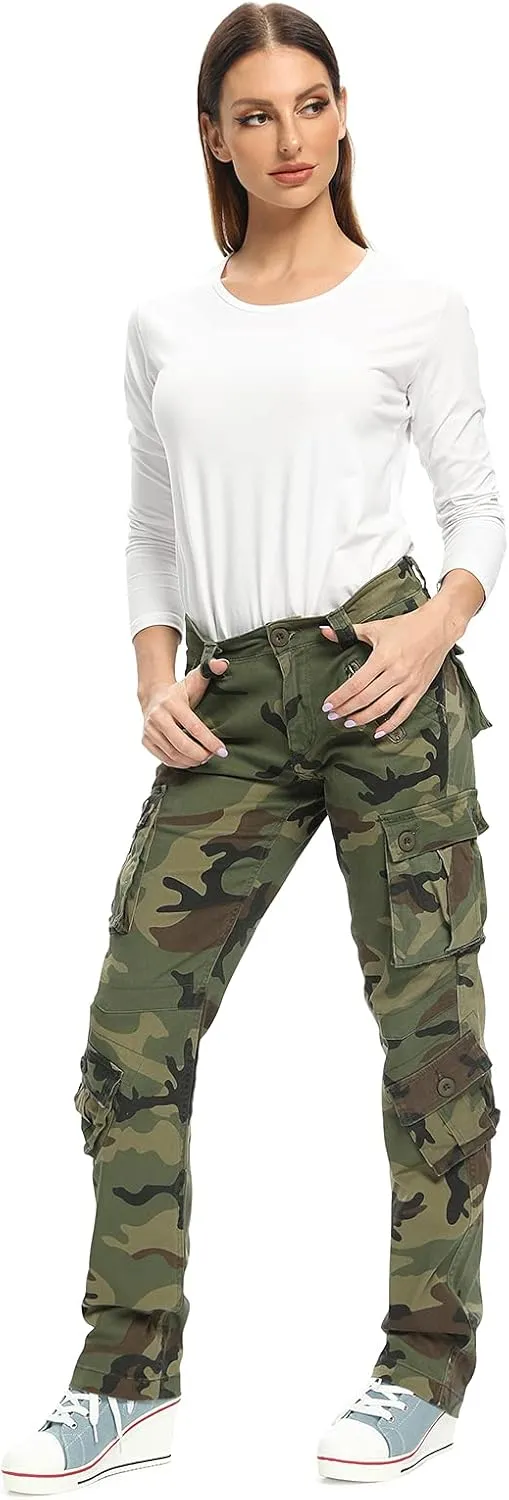 Mesinsefra Women's Cotton Casual Cargo Pants Military Army Tactical Combat Work Trousers with 8 Pockets