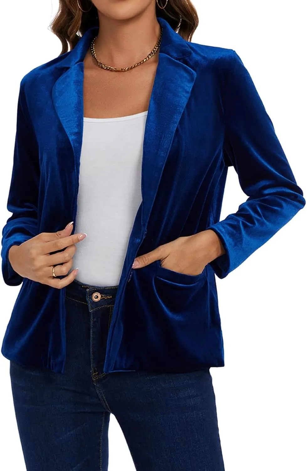 MINTLIMIT Velvet Blazer for Women Casual Work Office Long Sleeve Notched Lapel Button Blazer Jacket with Pockets Outerwear