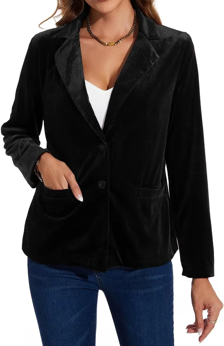 MINTLIMIT Velvet Blazer for Women Casual Work Office Long Sleeve Notched Lapel Button Blazer Jacket with Pockets Outerwear