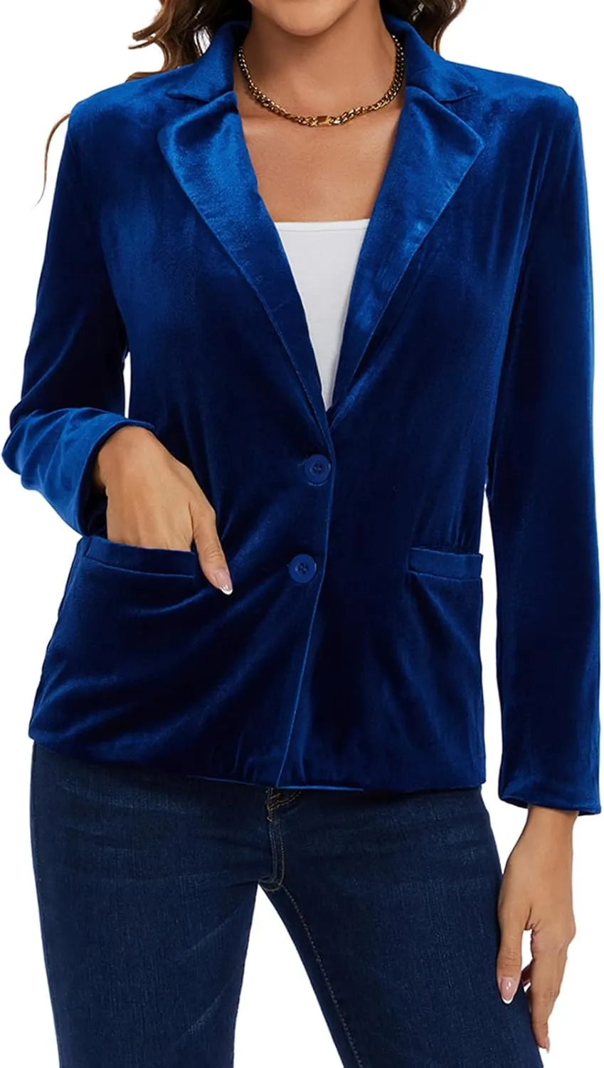 MINTLIMIT Velvet Blazer for Women Casual Work Office Long Sleeve Notched Lapel Button Blazer Jacket with Pockets Outerwear