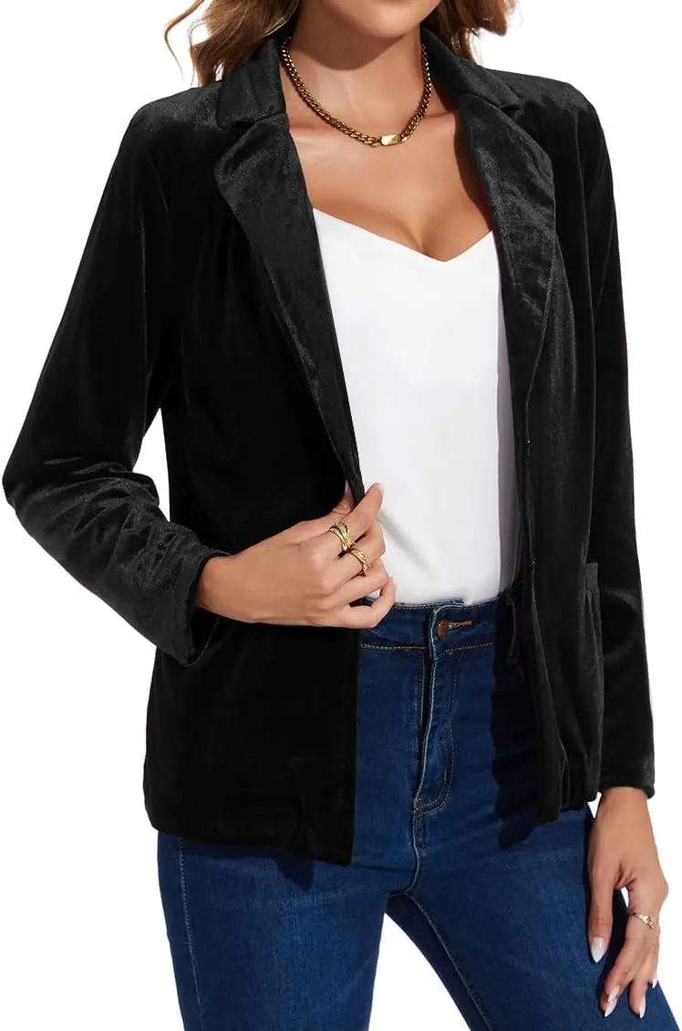 MINTLIMIT Velvet Blazer for Women Casual Work Office Long Sleeve Notched Lapel Button Blazer Jacket with Pockets Outerwear