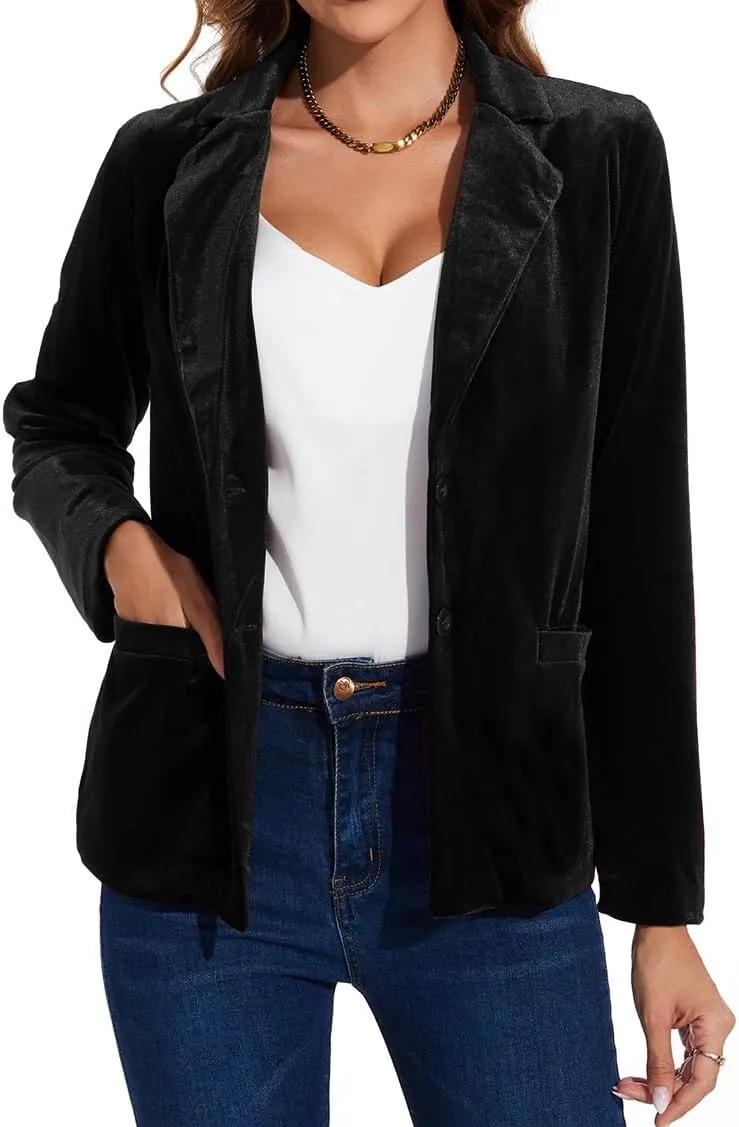 MINTLIMIT Velvet Blazer for Women Casual Work Office Long Sleeve Notched Lapel Button Blazer Jacket with Pockets Outerwear