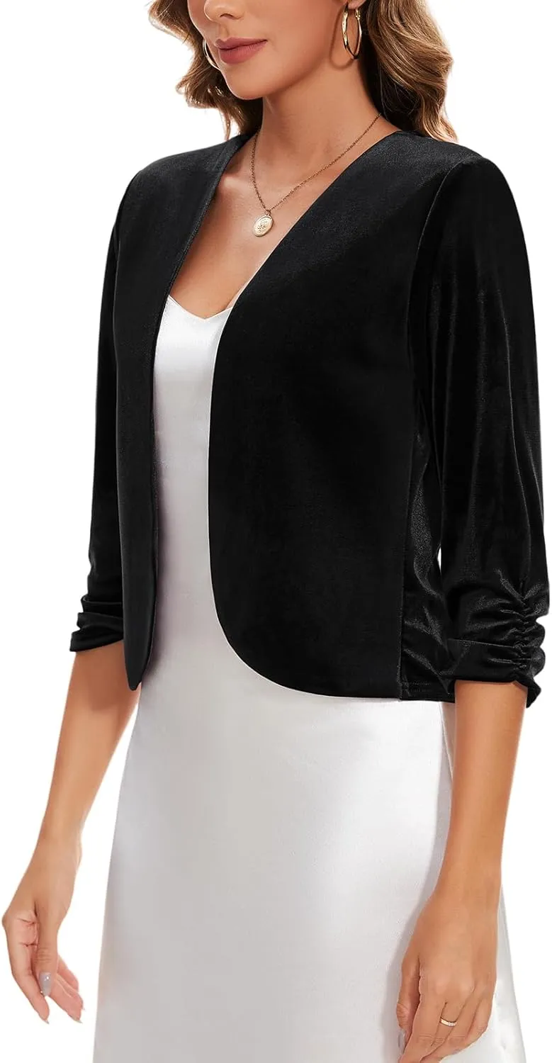 MINTLIMIT Velvet Blazers for Women 3/4 Ruched Sleeve Open Front Casual Work Office Cropped Cardigan Suit Jacket