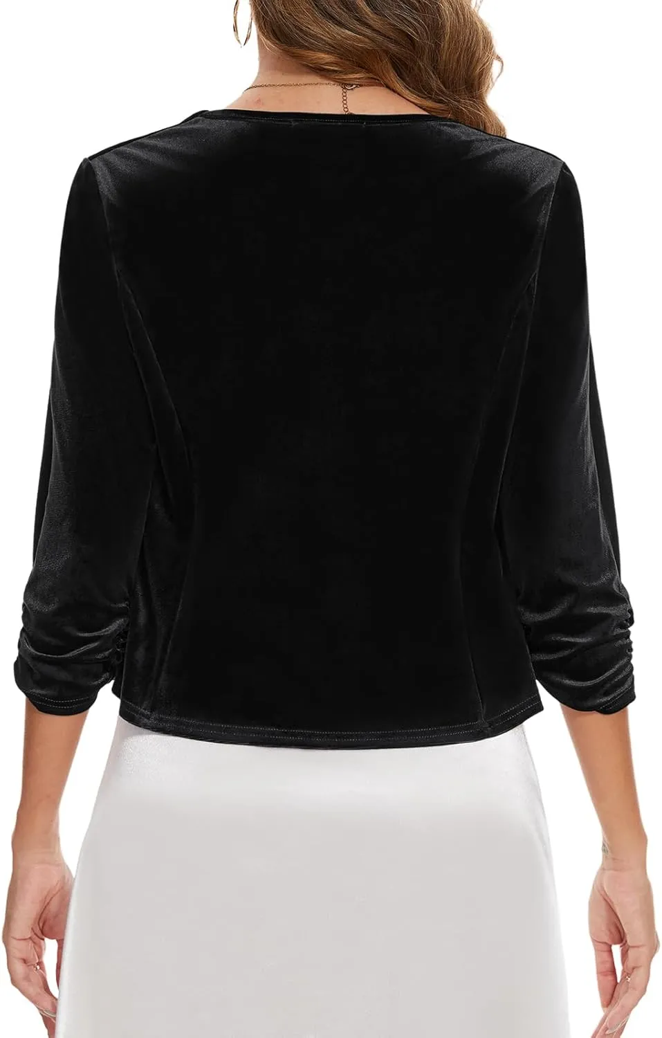 MINTLIMIT Velvet Blazers for Women 3/4 Ruched Sleeve Open Front Casual Work Office Cropped Cardigan Suit Jacket