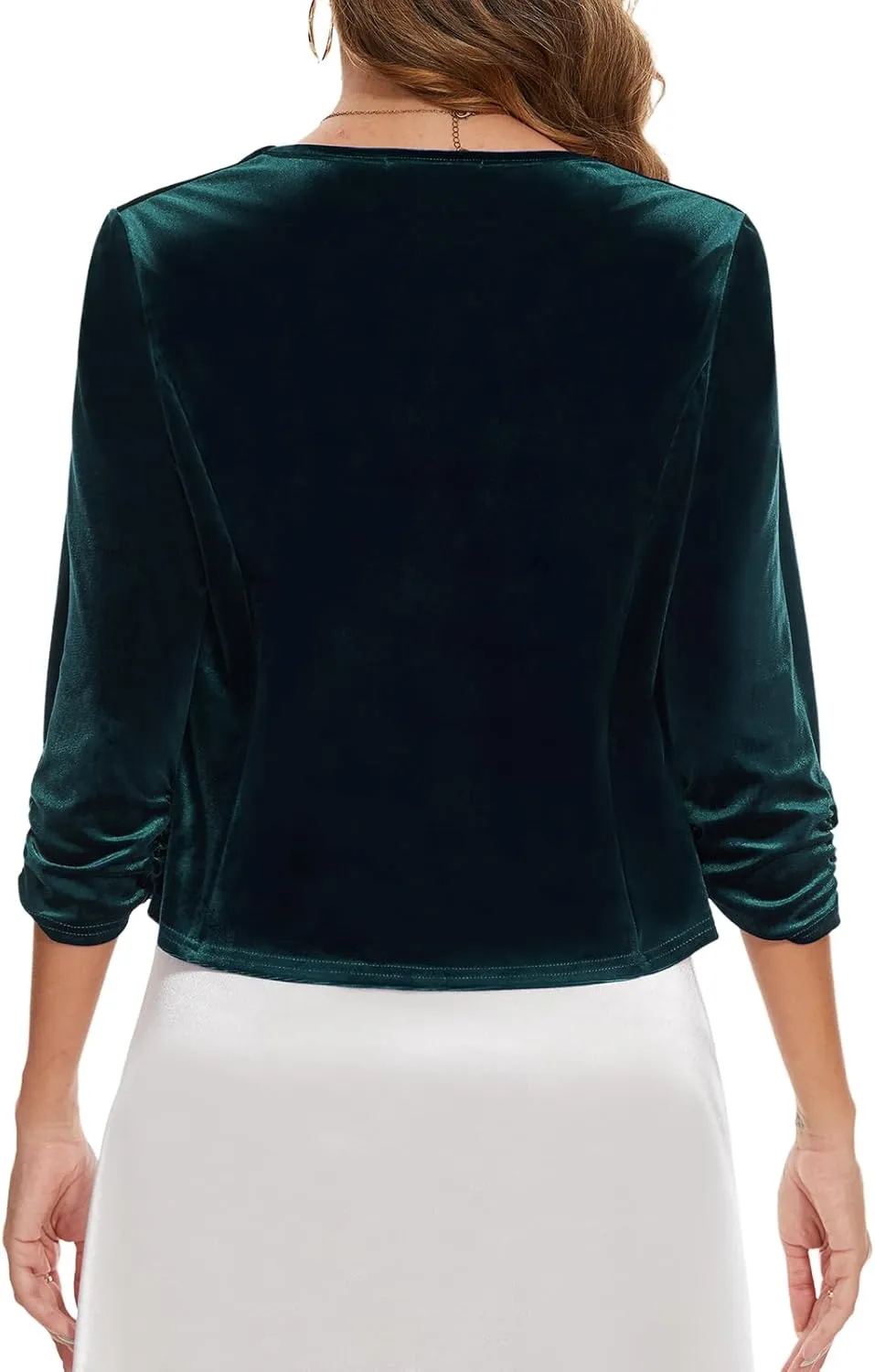 MINTLIMIT Velvet Blazers for Women 3/4 Ruched Sleeve Open Front Casual Work Office Cropped Cardigan Suit Jacket
