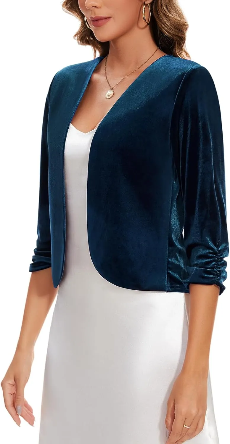 MINTLIMIT Velvet Blazers for Women 3/4 Ruched Sleeve Open Front Casual Work Office Cropped Cardigan Suit Jacket