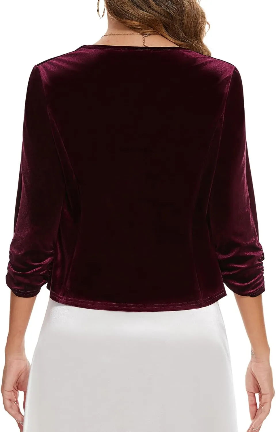 MINTLIMIT Velvet Blazers for Women 3/4 Ruched Sleeve Open Front Casual Work Office Cropped Cardigan Suit Jacket