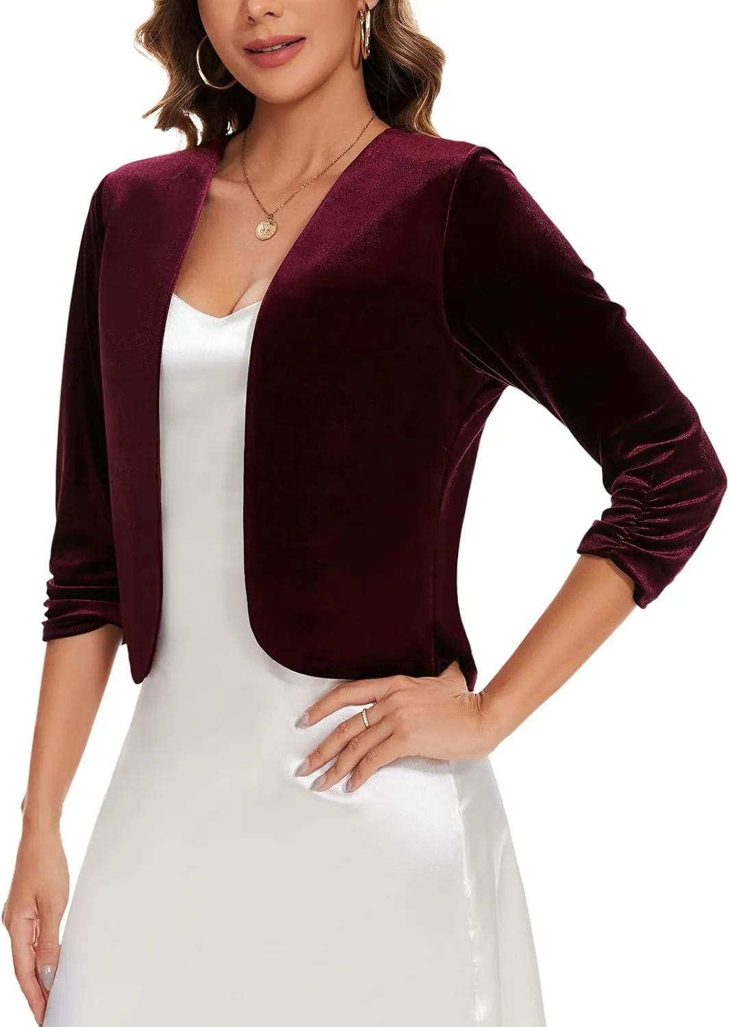 MINTLIMIT Velvet Blazers for Women 3/4 Ruched Sleeve Open Front Casual Work Office Cropped Cardigan Suit Jacket