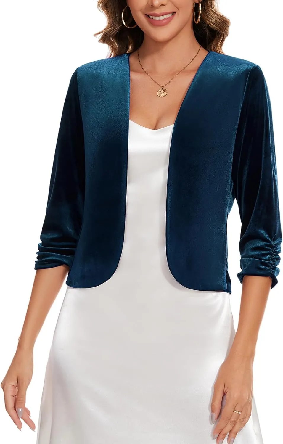 MINTLIMIT Velvet Blazers for Women 3/4 Ruched Sleeve Open Front Casual Work Office Cropped Cardigan Suit Jacket
