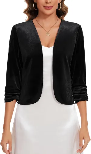 MINTLIMIT Velvet Blazers for Women 3/4 Ruched Sleeve Open Front Casual Work Office Cropped Cardigan Suit Jacket