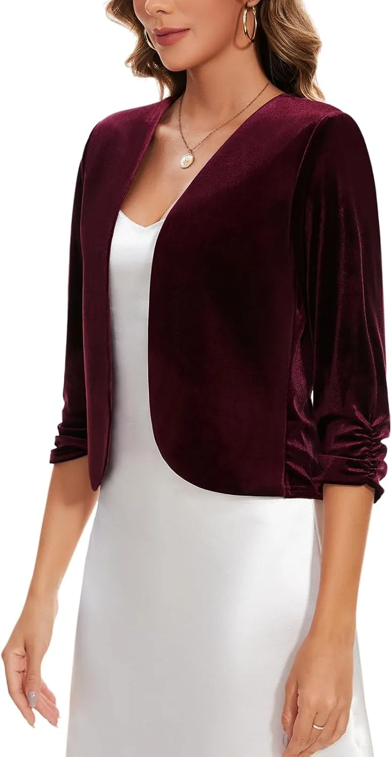 MINTLIMIT Velvet Blazers for Women 3/4 Ruched Sleeve Open Front Casual Work Office Cropped Cardigan Suit Jacket