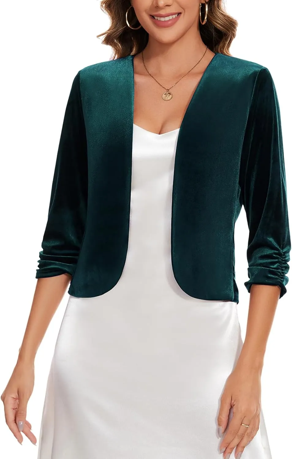 MINTLIMIT Velvet Blazers for Women 3/4 Ruched Sleeve Open Front Casual Work Office Cropped Cardigan Suit Jacket