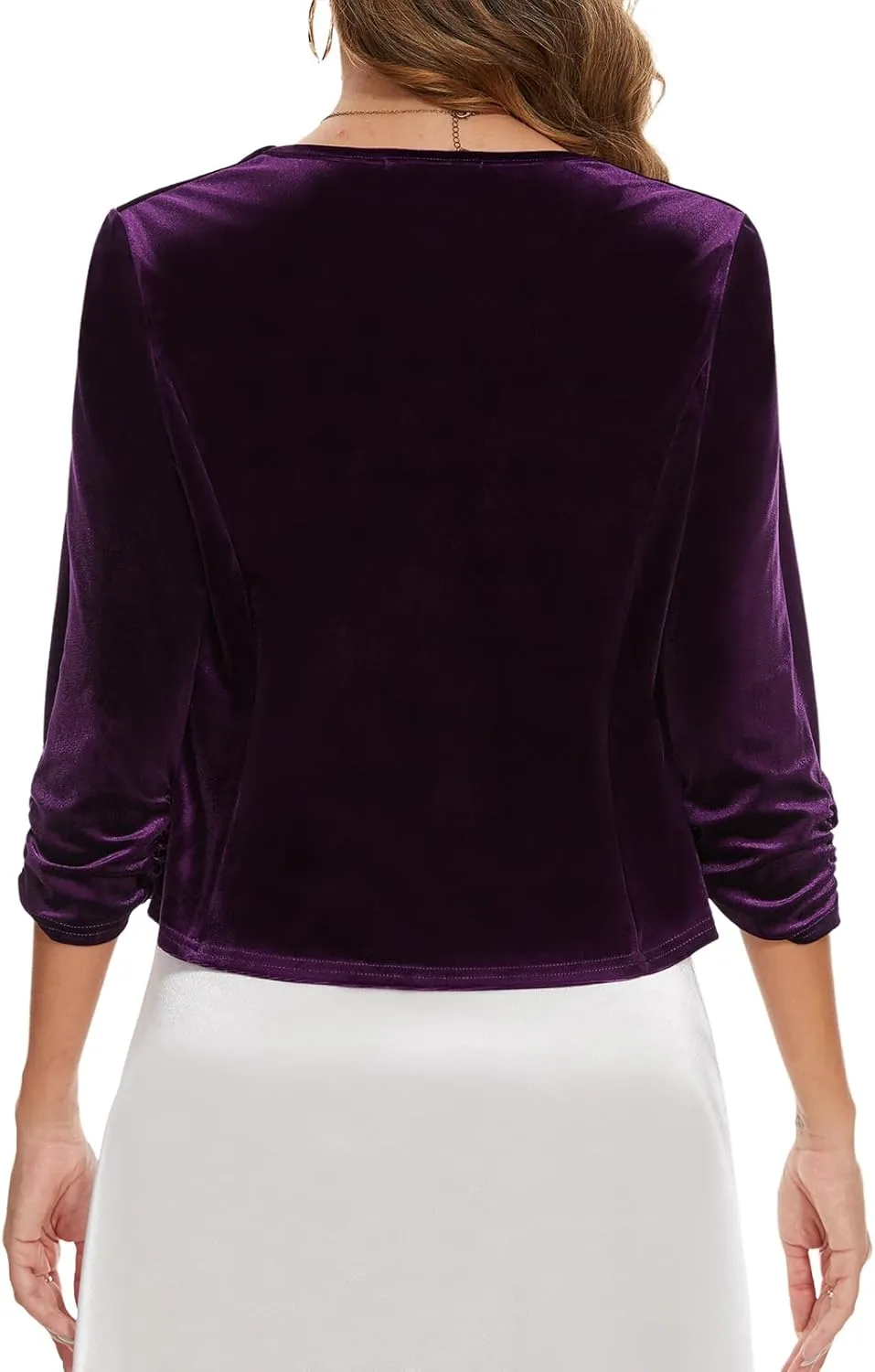 MINTLIMIT Velvet Blazers for Women 3/4 Ruched Sleeve Open Front Casual Work Office Cropped Cardigan Suit Jacket