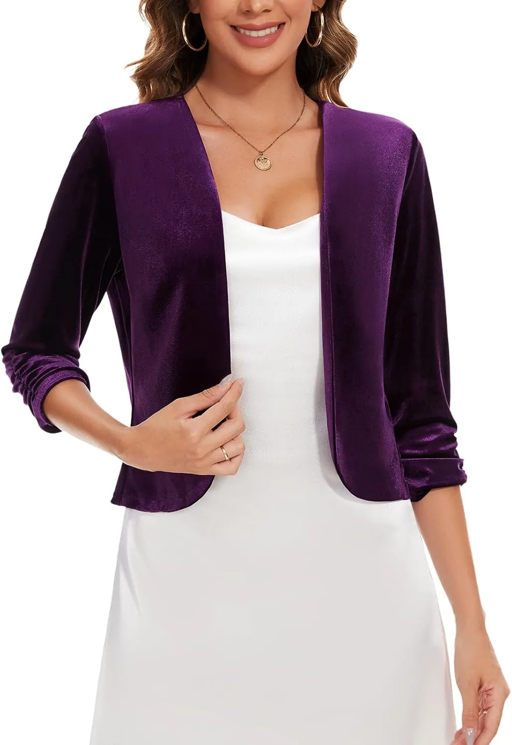 MINTLIMIT Velvet Blazers for Women 3/4 Ruched Sleeve Open Front Casual Work Office Cropped Cardigan Suit Jacket