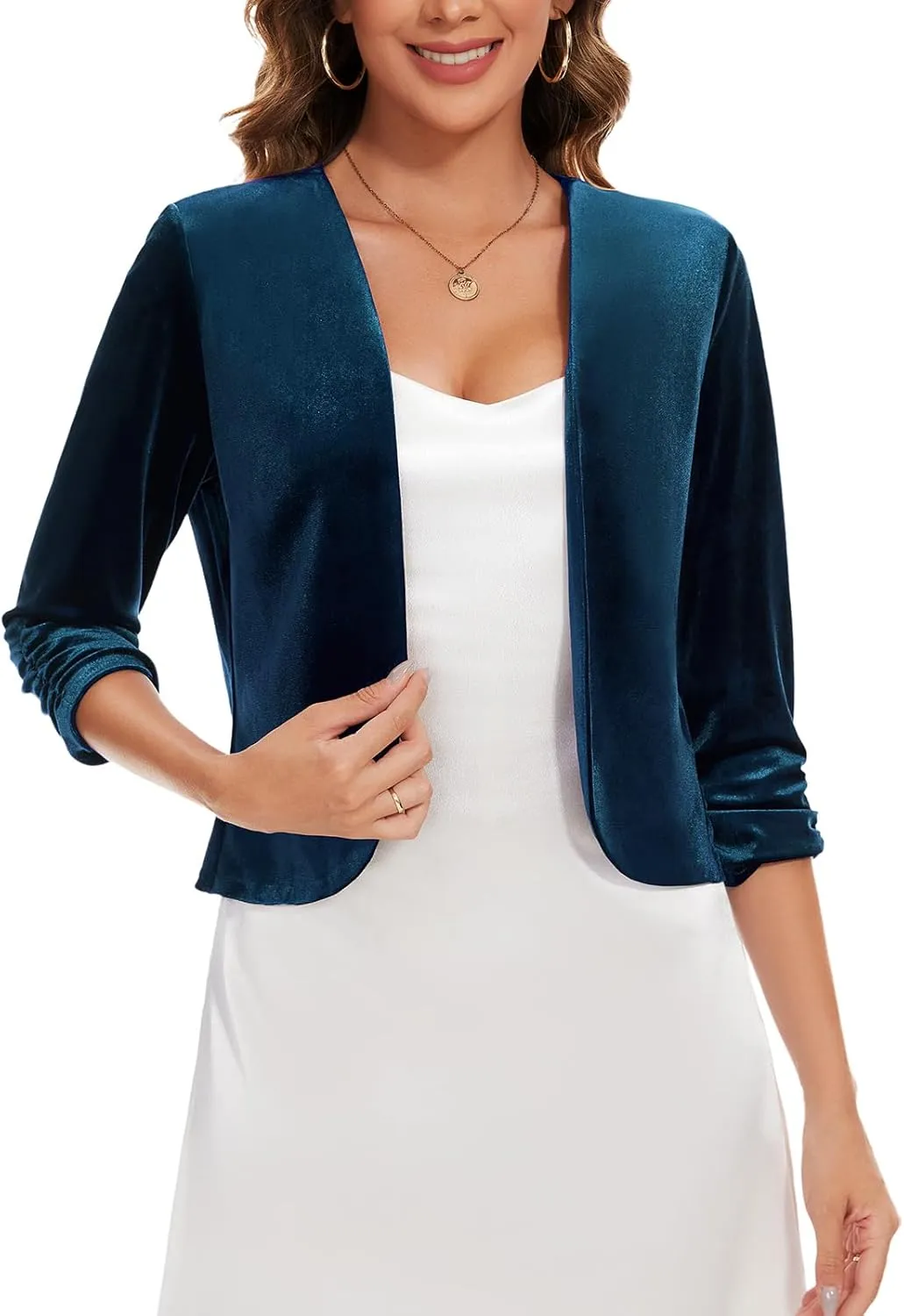 MINTLIMIT Velvet Blazers for Women 3/4 Ruched Sleeve Open Front Casual Work Office Cropped Cardigan Suit Jacket