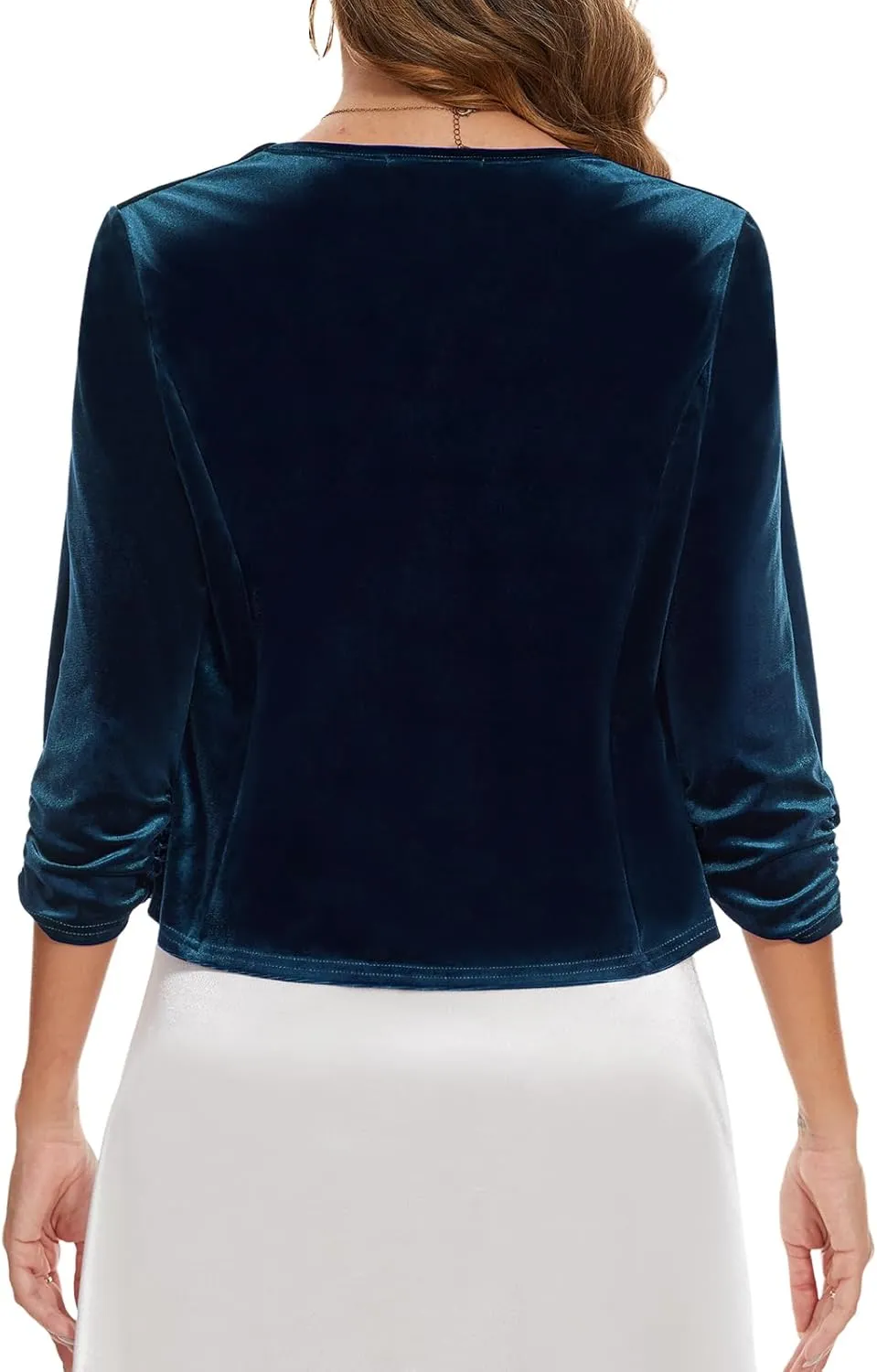 MINTLIMIT Velvet Blazers for Women 3/4 Ruched Sleeve Open Front Casual Work Office Cropped Cardigan Suit Jacket
