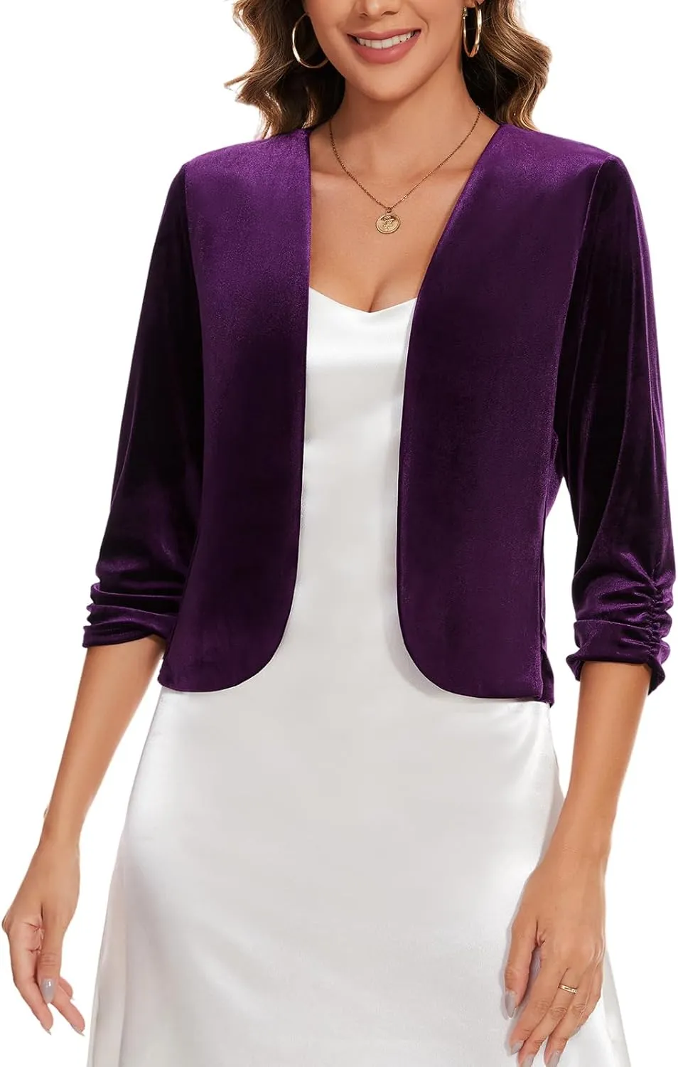 MINTLIMIT Velvet Blazers for Women 3/4 Ruched Sleeve Open Front Casual Work Office Cropped Cardigan Suit Jacket