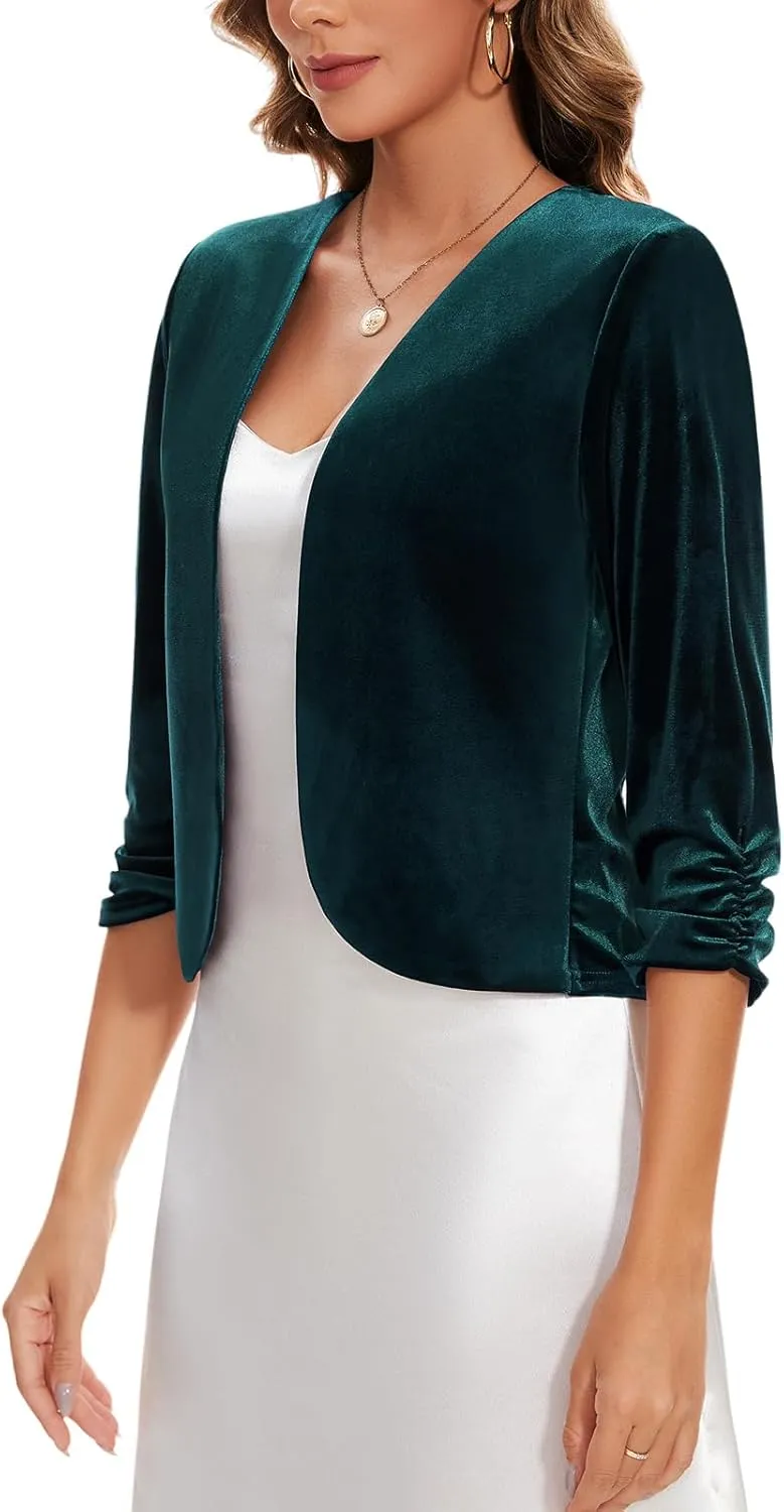 MINTLIMIT Velvet Blazers for Women 3/4 Ruched Sleeve Open Front Casual Work Office Cropped Cardigan Suit Jacket