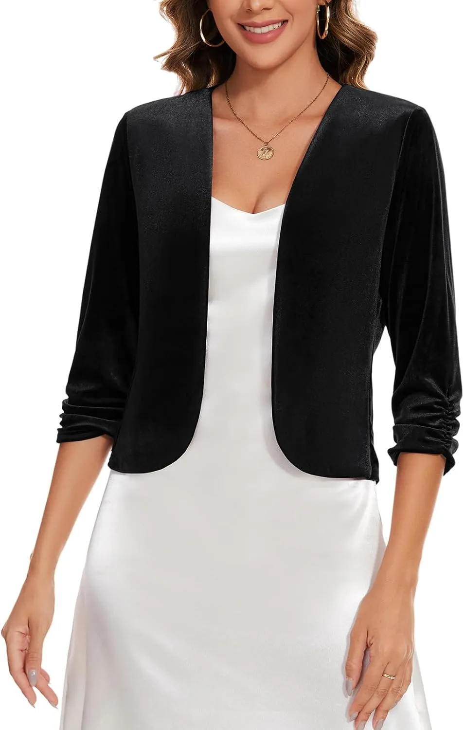 MINTLIMIT Velvet Blazers for Women 3/4 Ruched Sleeve Open Front Casual Work Office Cropped Cardigan Suit Jacket