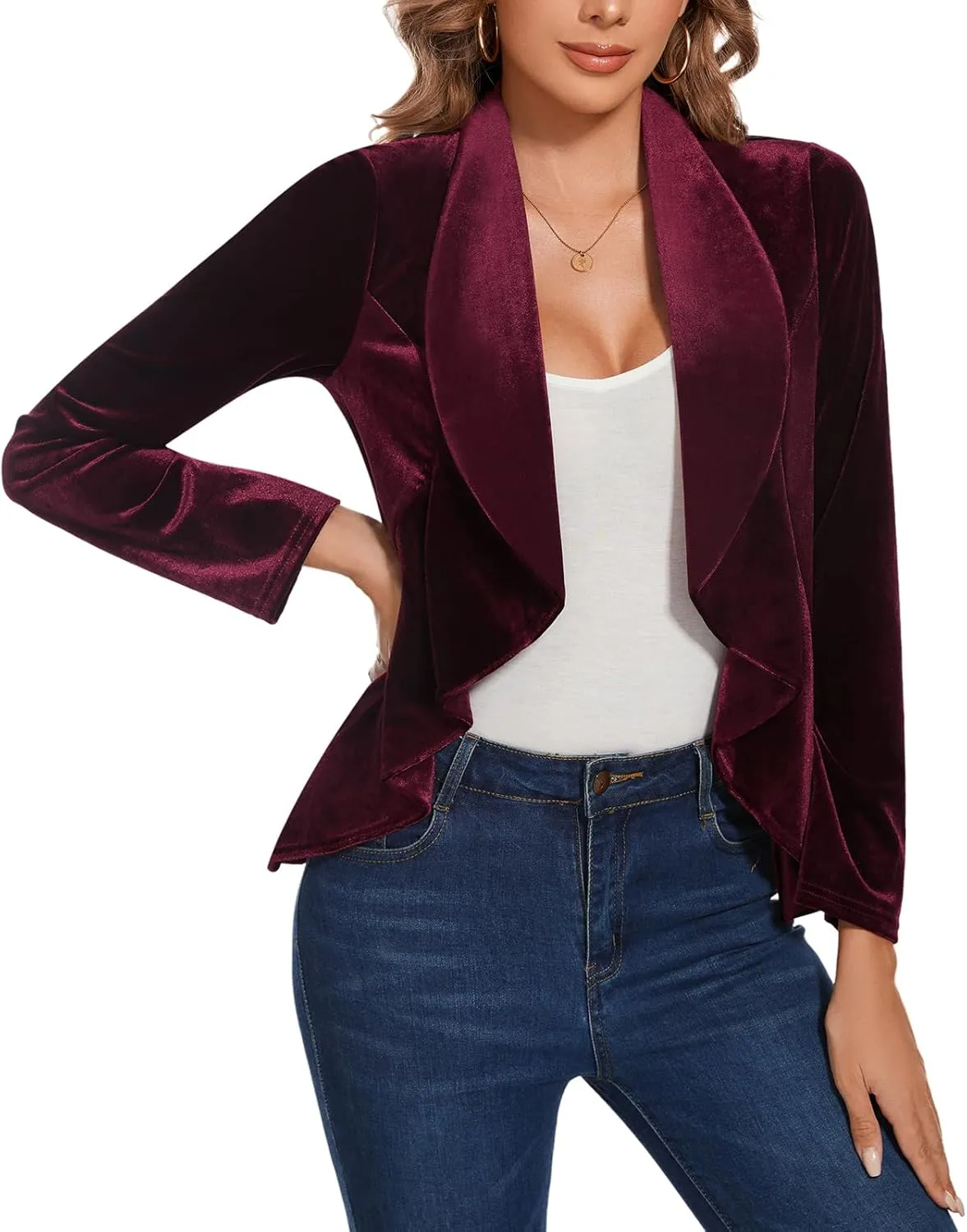 MINTLIMIT Velvet Blazers for Women Casual Work Office Long Sleeve Open Front Cardigan Ruffle Suit Jacket Coat Blazer